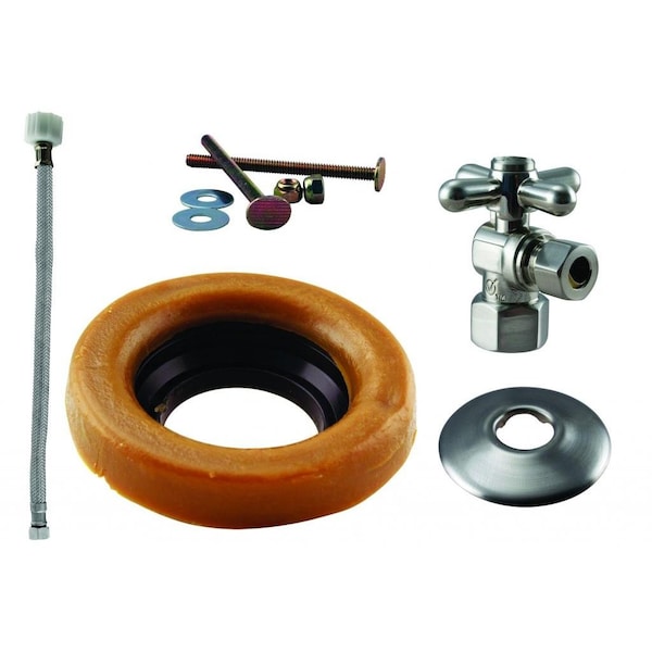 Westbrass Toilet Kit W/ 1/4-Turn 1/2 in IPS Stop and Wax Ring, Cross Handle in Satin Nickel D1613TBX-07 - main